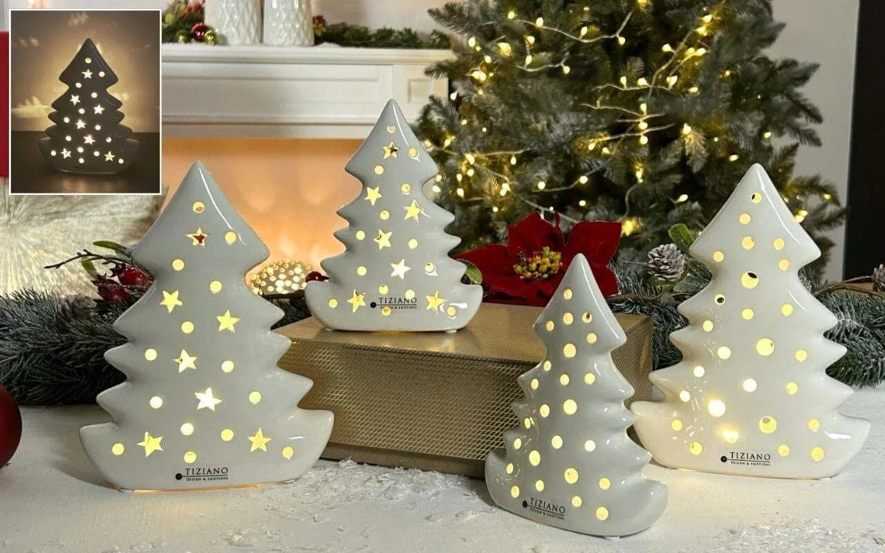 Weihnachtsbaum Alberi mit Kugeln LED 14cm cremeweiß Weihnachten, Weihnachtsdekorationen, Festival, Weihnachtsbaum