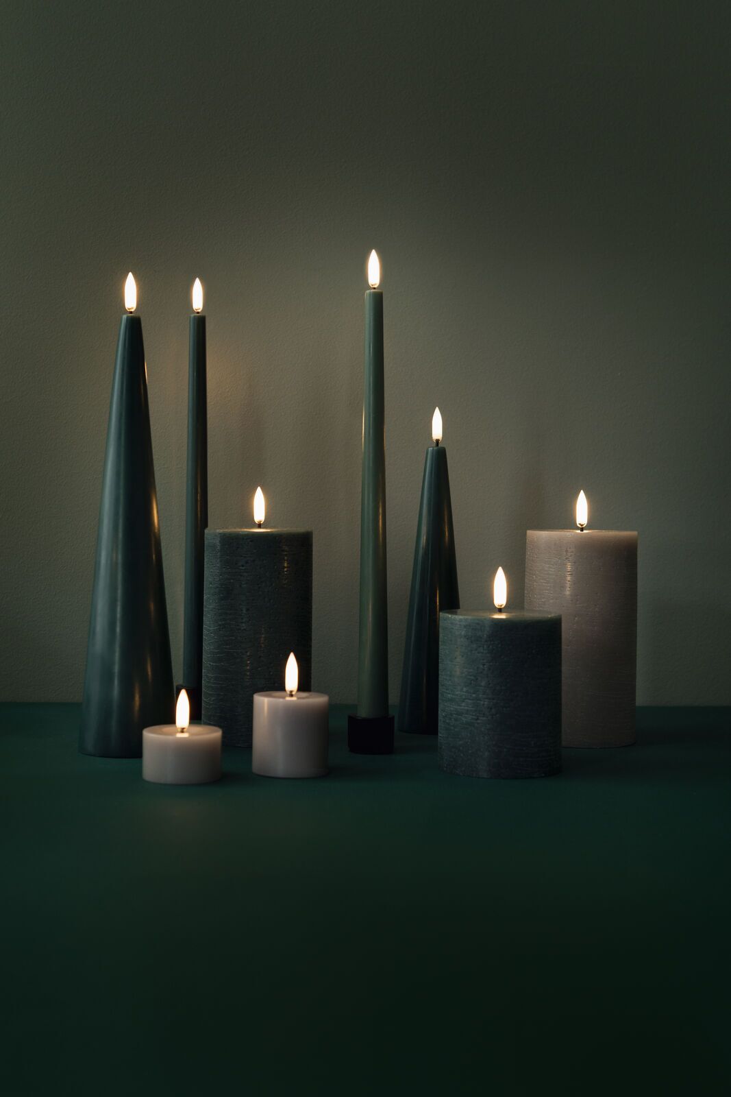 Uyuni-UL-PI-SAM0503-UL-SAM0505-UL-PI-PG78010-UL-TA-PG-02332-2-UL-CO-PG07030-Cone-Candles-medium Uyuni LED Cone Candle 30cm Pine Green