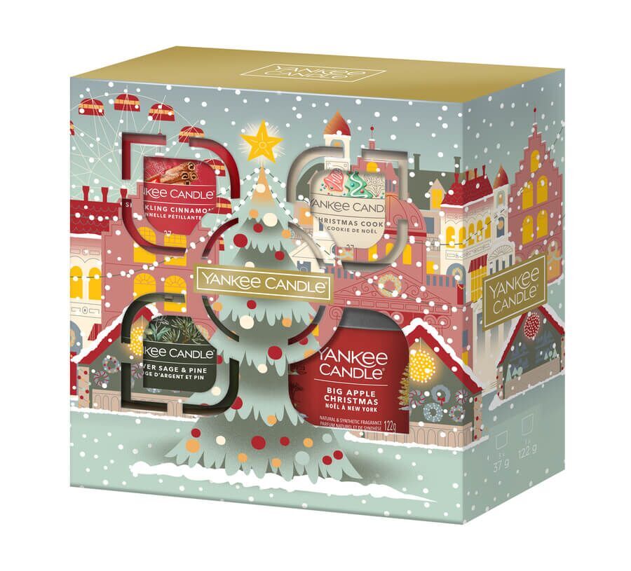 3 Glasvotivkerzen & kleiner Tumbler Geschenkset Weihnachten Big Apple Christmas Essen, Süßigkeiten