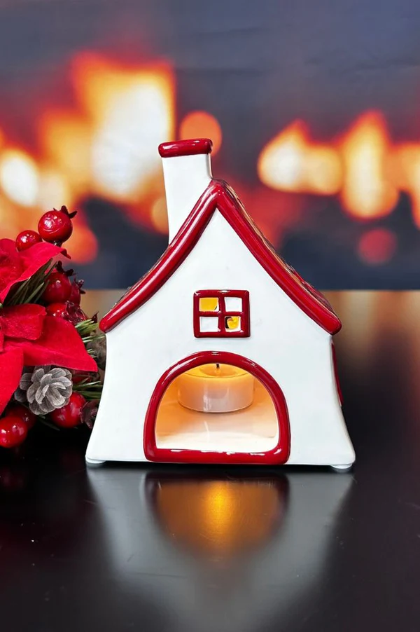 Teelichthaus Oliveto breit rot/cremeweiß