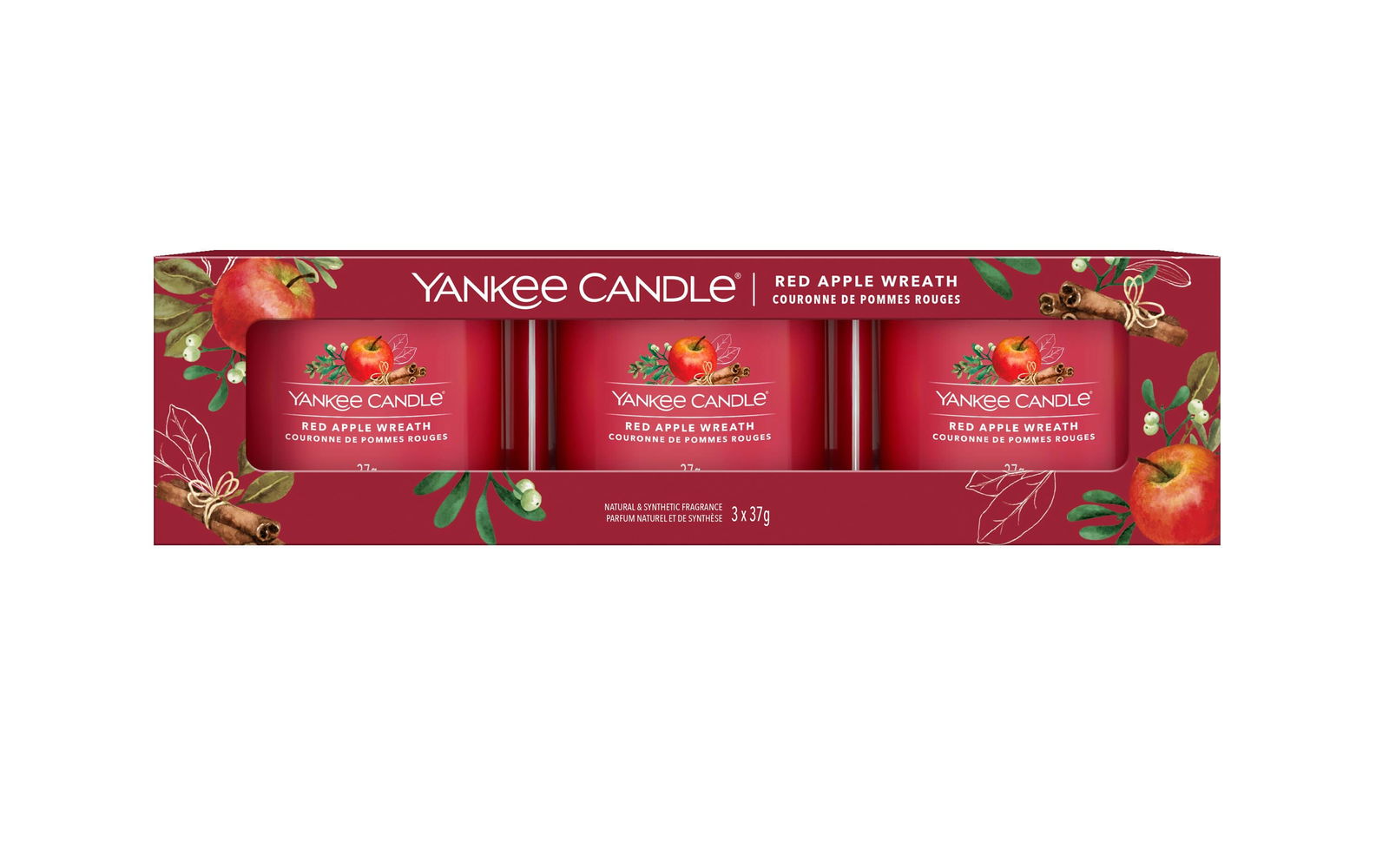 Red Apple Wreath 37g Glasvotivkerze 3er Pack