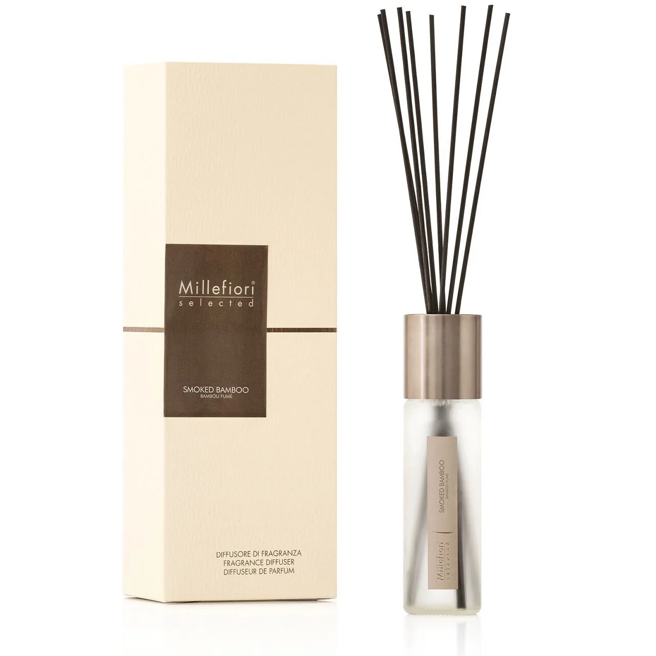 22PDSO_Millefiori-Selected_Reed-Diffuser-100ml_Product-and-Pack_Smoked-BambooE Smoked Bamboo - Selected Reed Diffuser 100ml