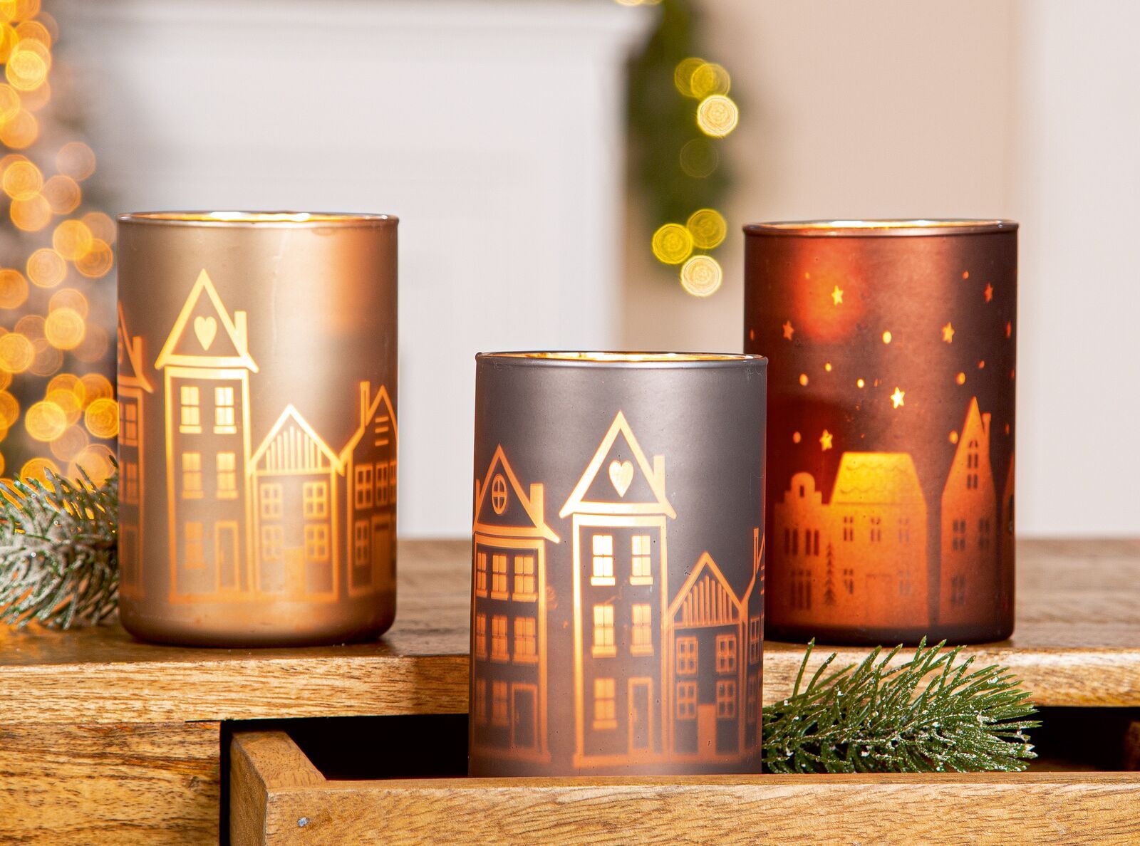 Windlicht Stadtlichter grau 12cm Zinn