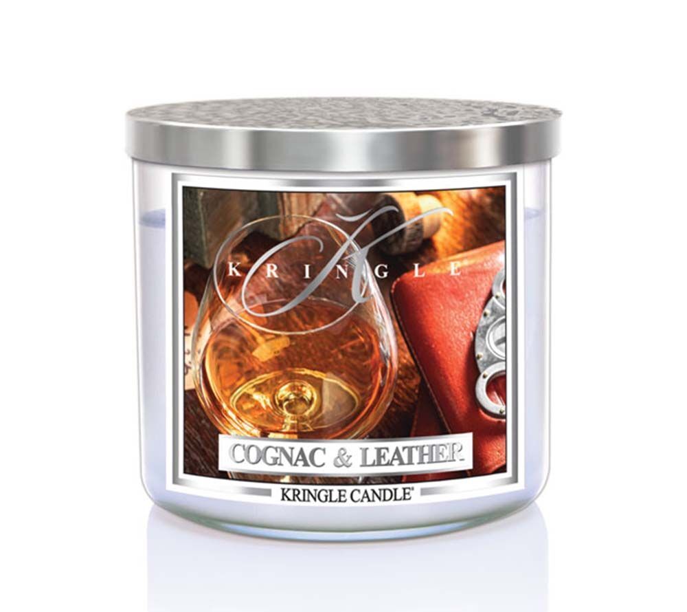 kringle_candle_cognac_and_leather_silver_lid_american_heritage Cognac & Leather 396g Tumbler 3-Docht