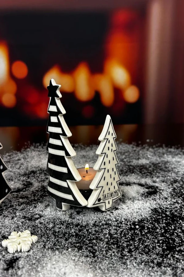 Teelichthalter Piccolumi mit Bäumenschwarz/cremeweiß