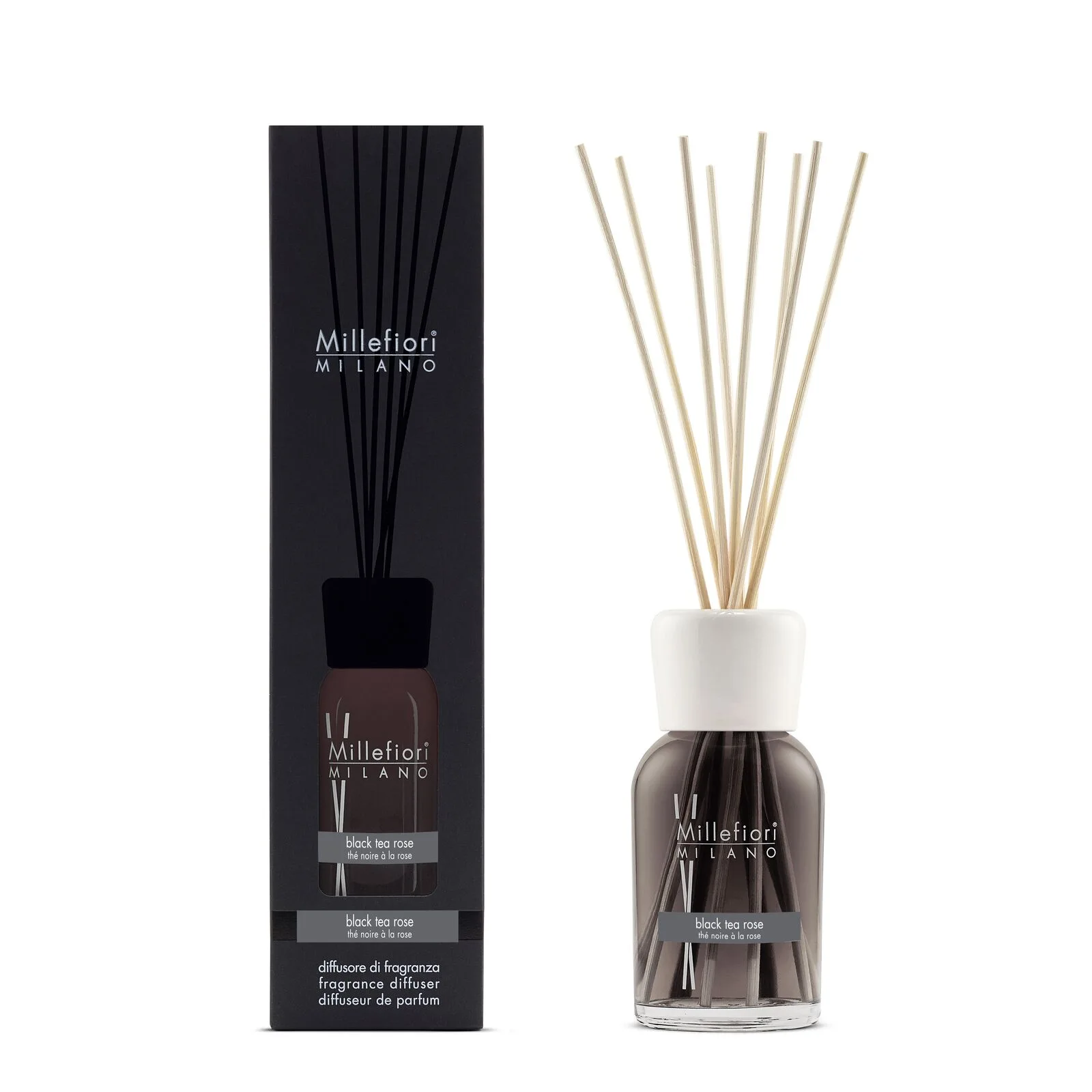 7DDBT_Millefiori-Milano_Reed-Diffuser-250ml_Product-and-Pack_Black-Tea-Rose