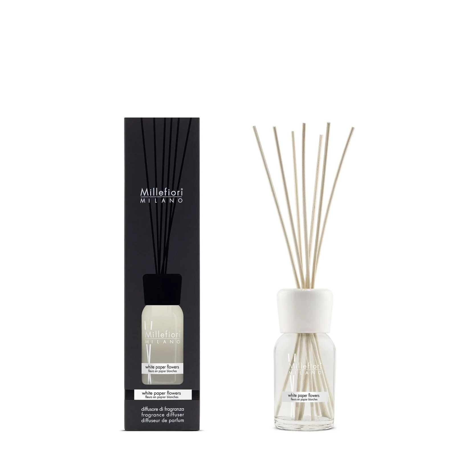 7MDWF_Millefiori-Milano_Reed-Diffuser-100ml_Product-Pack_White-Paper-Flowers White Paper Flowers - Milano Reed Diffuser 100ml