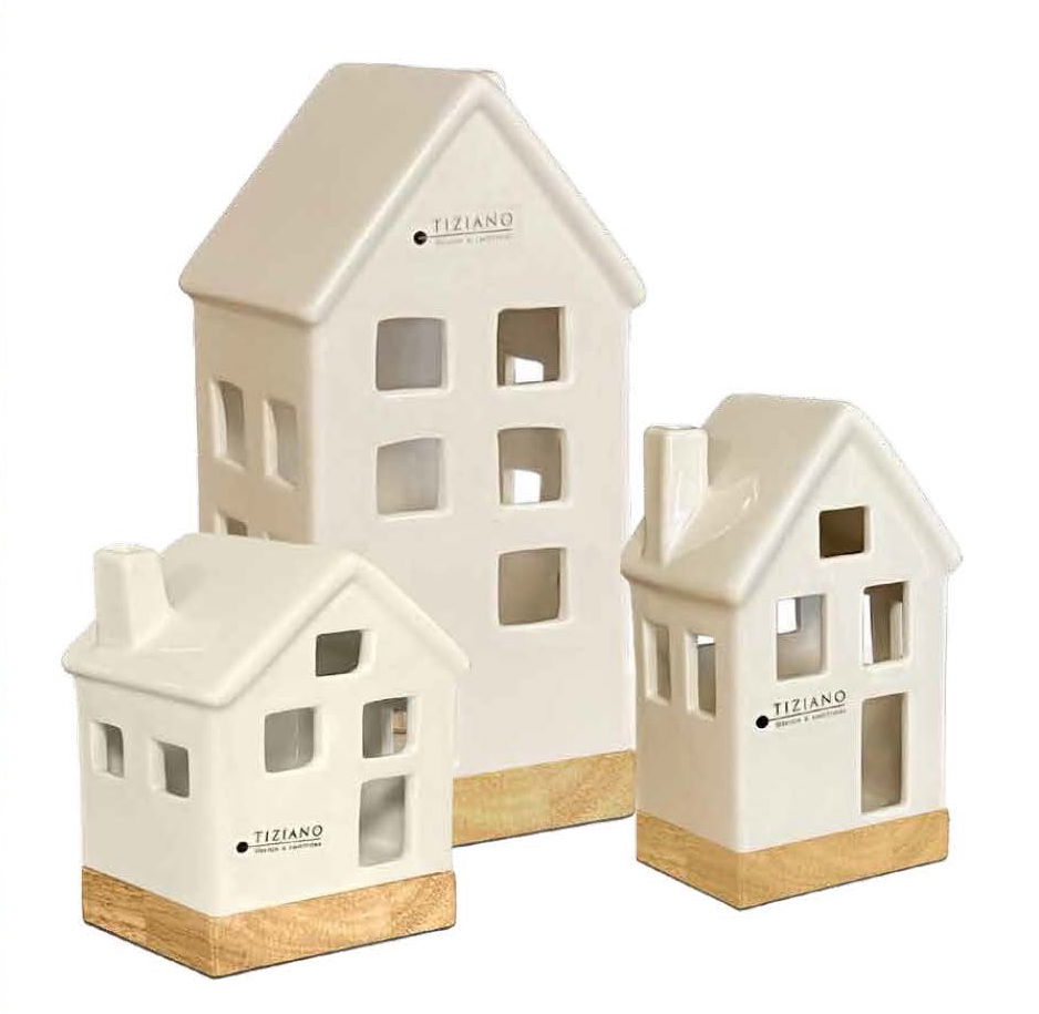 Haus Portofino auf Holzbasis LED cremeweiß 19cm