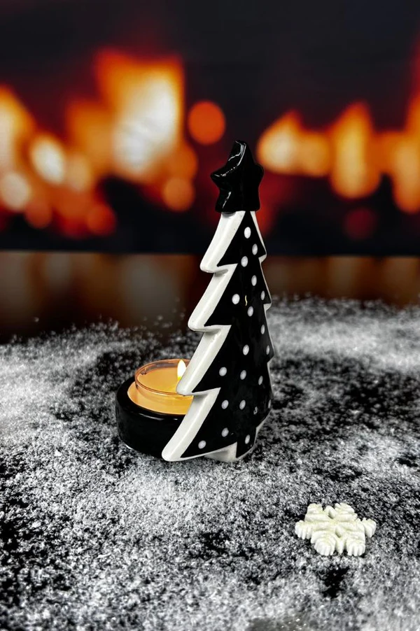 Teelichthalter Piccolumi mit Baum schwarz/cremeweiß