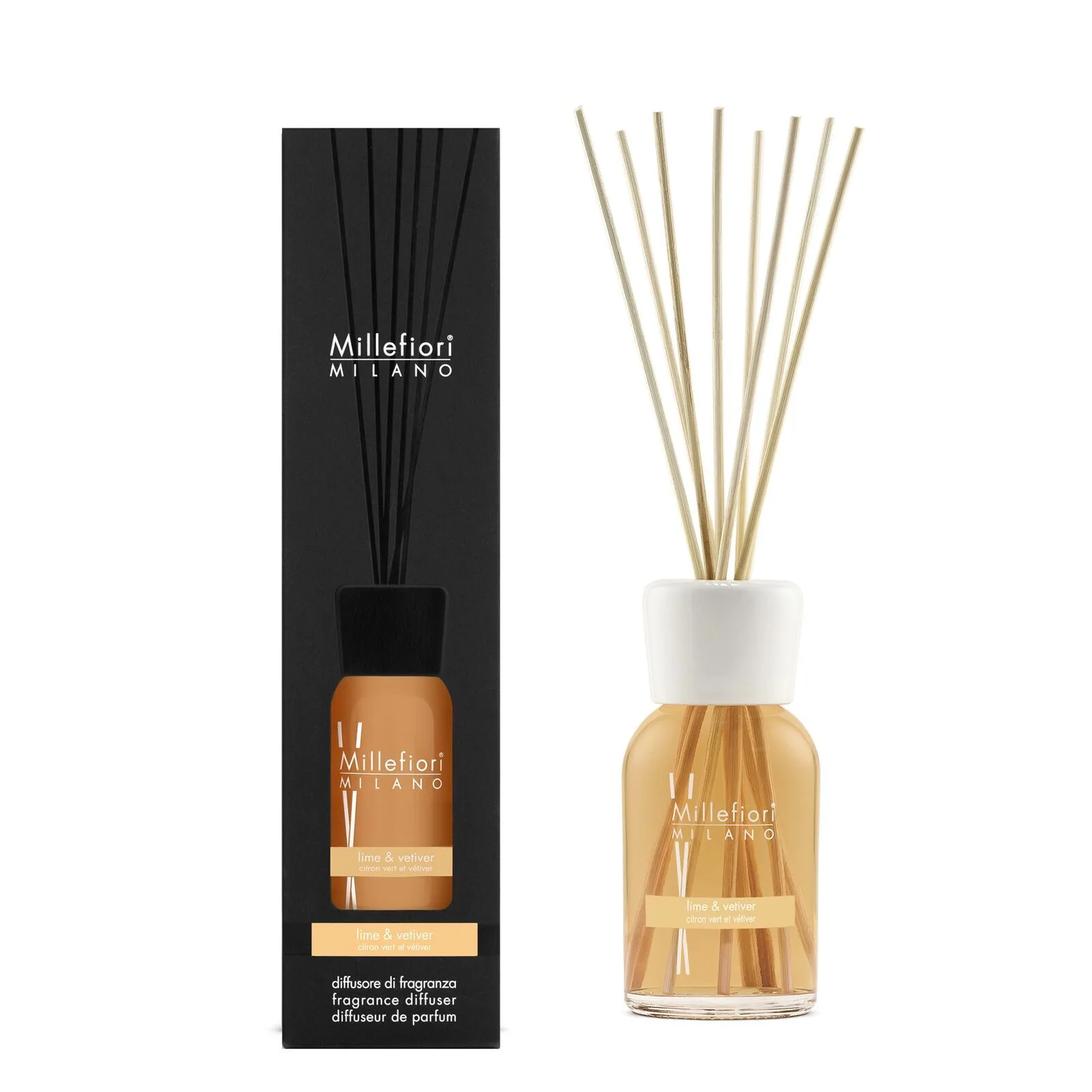 7DDLR_Millefiori-Milano_Reed-Diffuser-250ml_Prod-Pack_Lime-and-Vetiver Lime & Vetiver - Milano Reed Diffuser 250ml