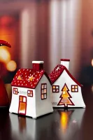 Teelichthaus Oliveto breit rot/cremeweiß