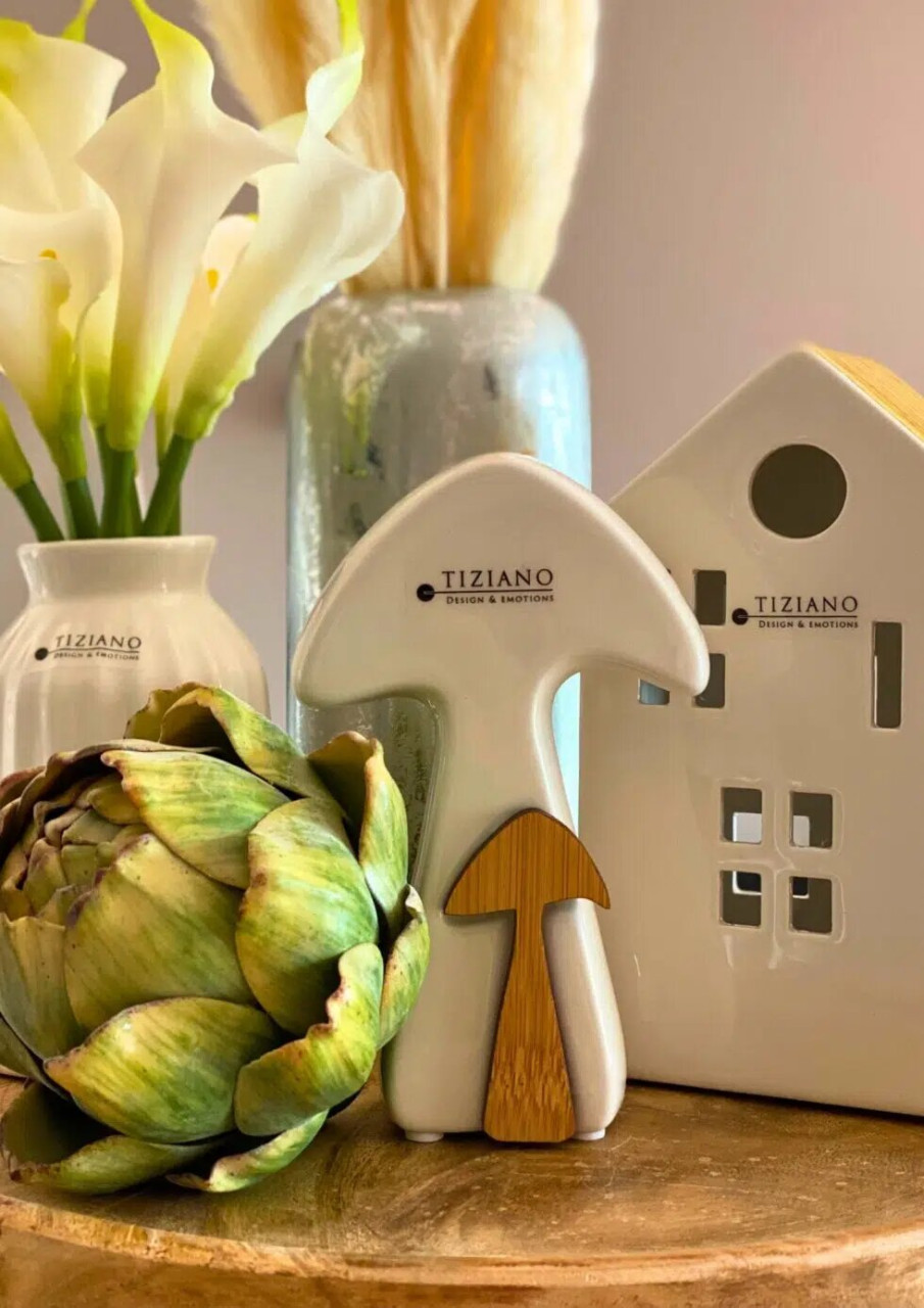 Pilz Boreal mit Holz cremeweiß 14cm